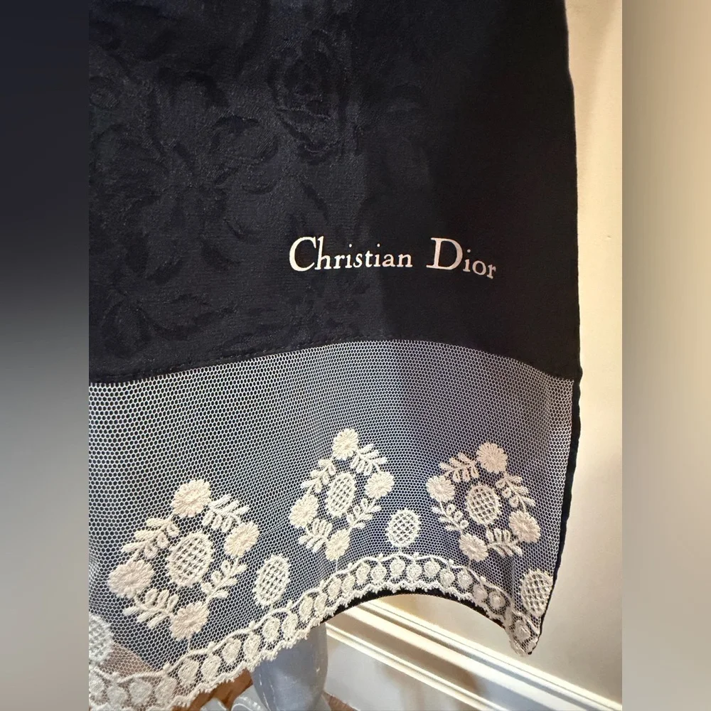 Christian Dior Black and Cream Lace Silk Scarf